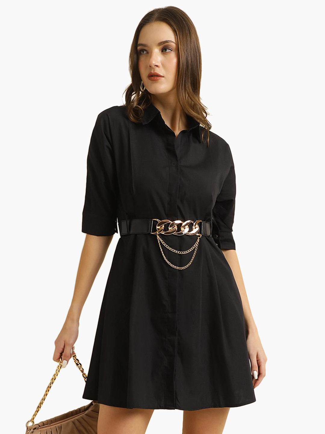 

Virgio Shirt Collar Cuffed Sleeve Belted Shirt Dress, Black