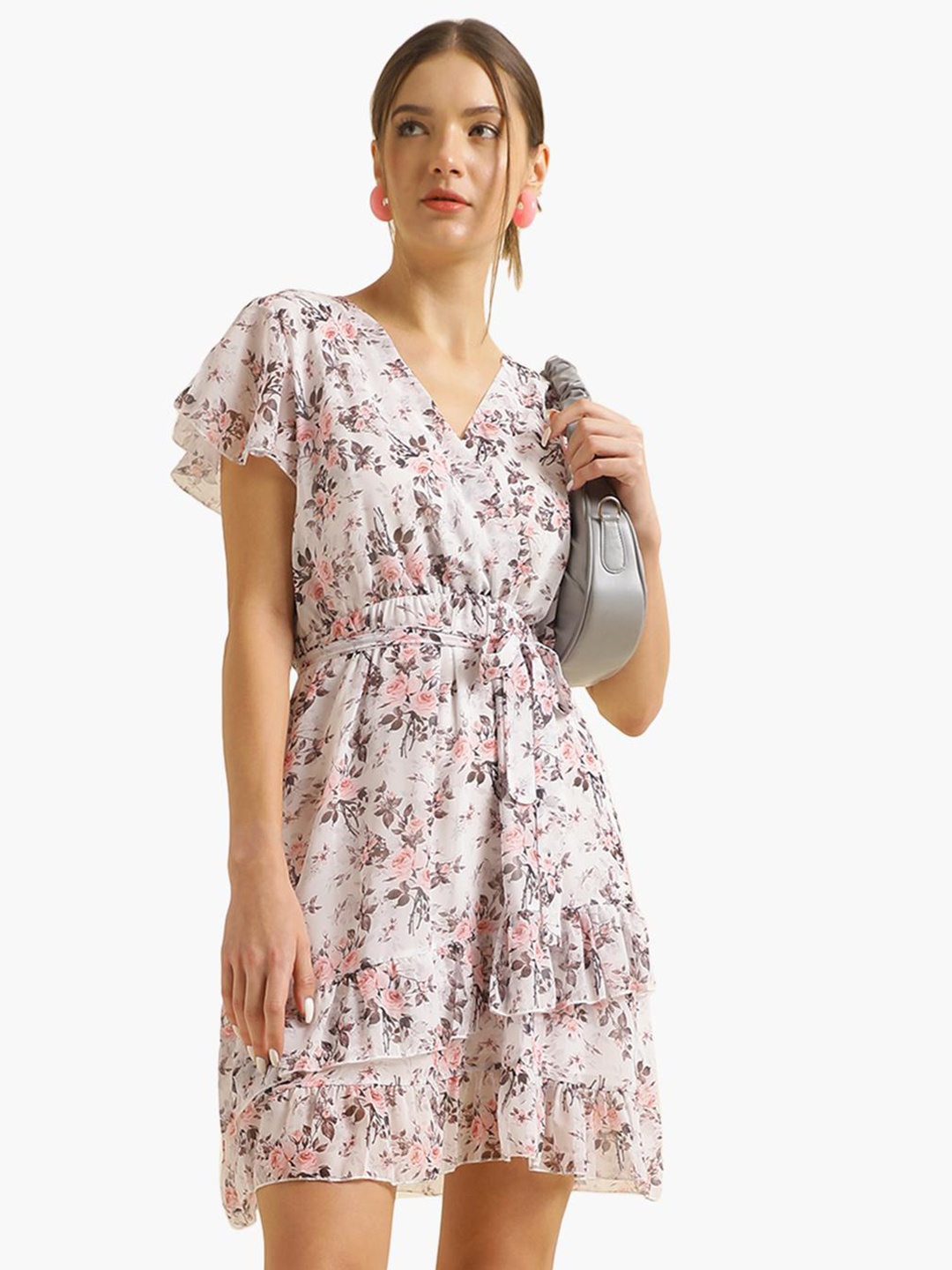 

Virgio Floral Printed V-Neck Flared Sleeve Layered A-Line Dress, White