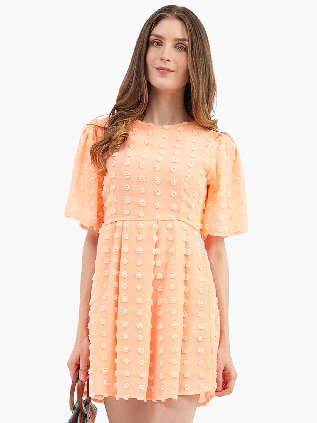 

Virgio Self Design Flared Sleeve Fit & Flare Dress, Peach