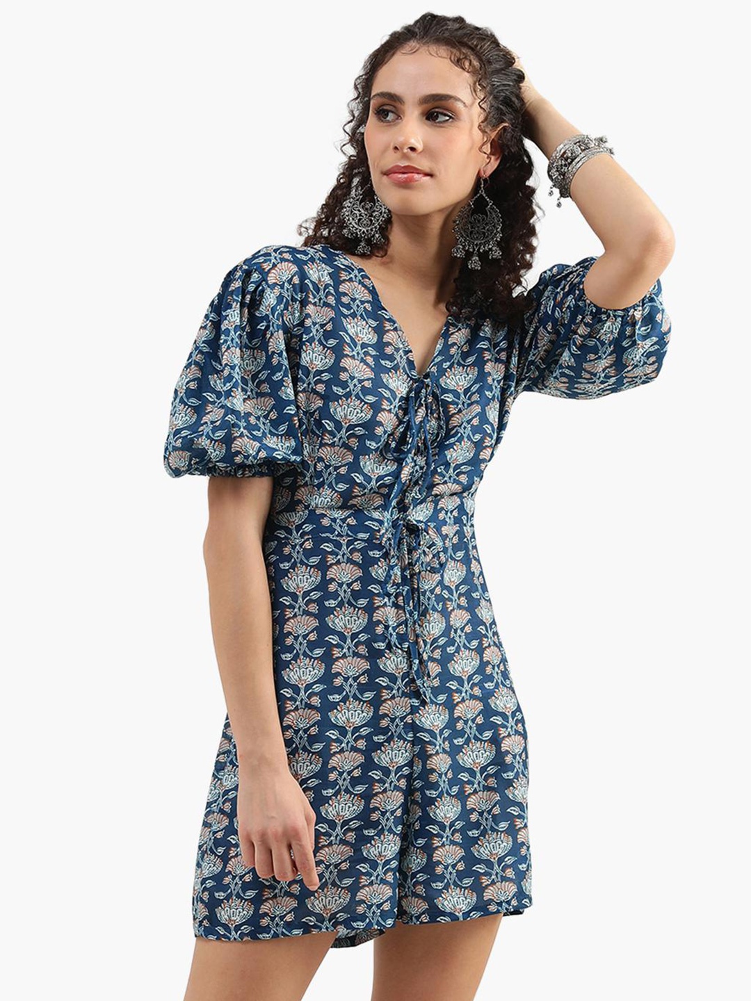 

Virgio Floral Printed Tie-Up Neck Puff Sleeve Gathered A-Line Dress, Blue