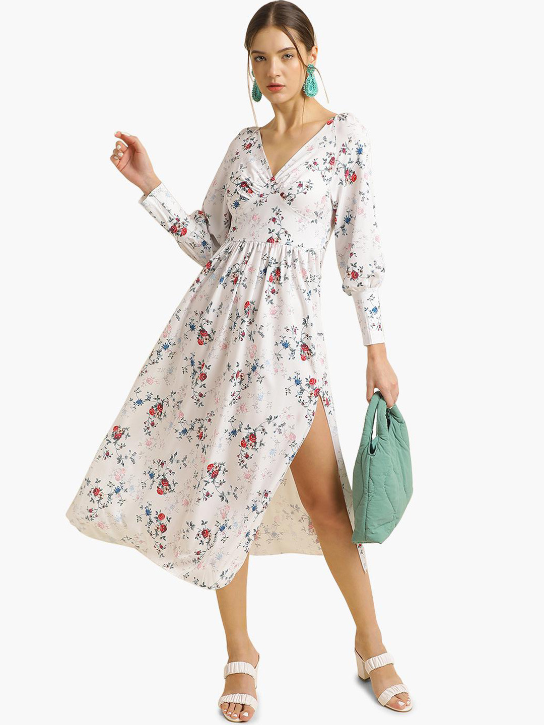 

Virgio Floral Printed V-Neck Cuffed Sleeves Side Slit Fit & Flare Midi Dress, White