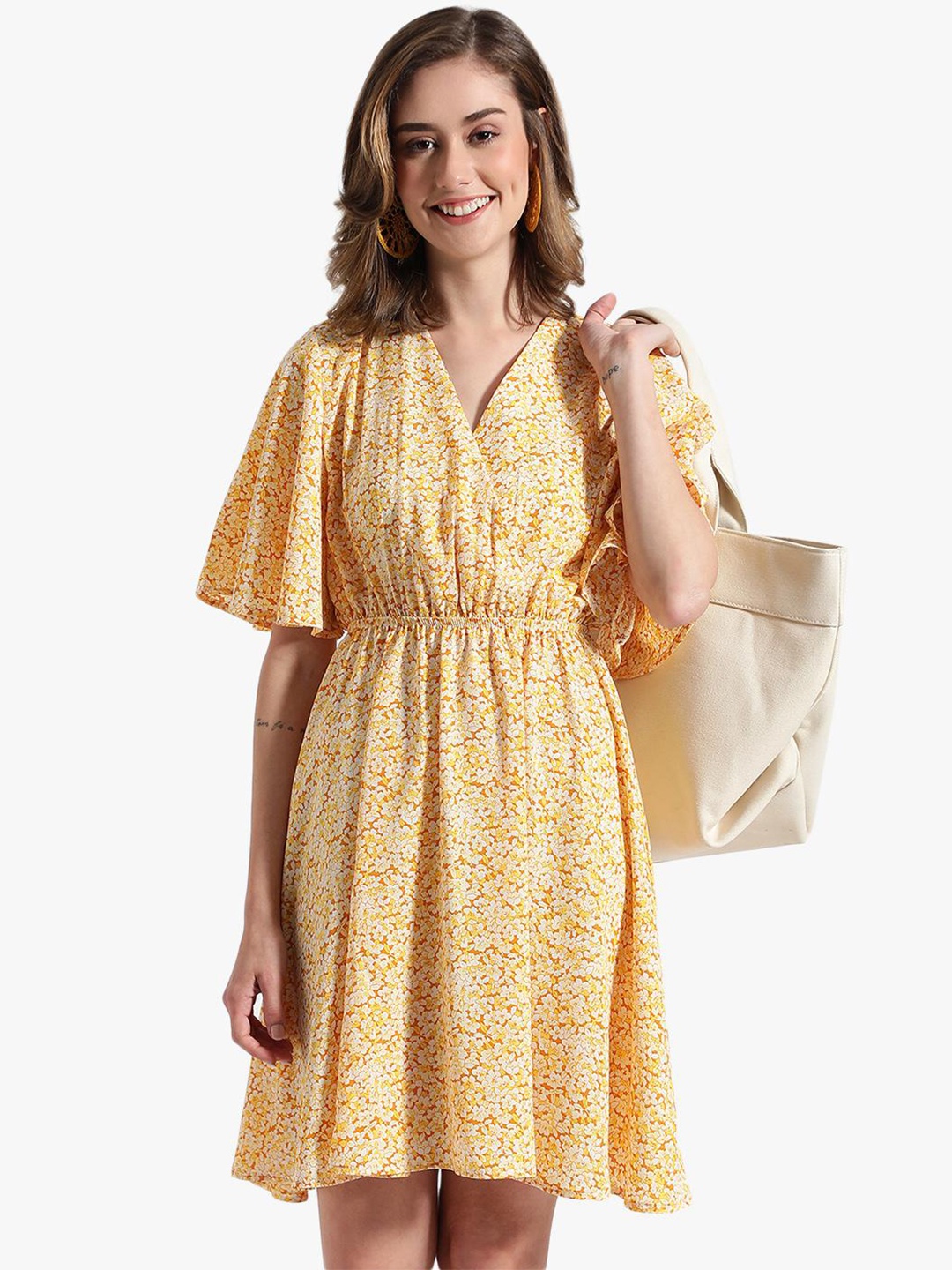 

Virgio Floral Printed V-Neck Flared Sleeves Fit & Flare Dress, Yellow