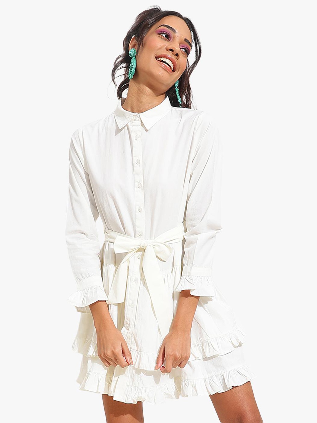 

Virgio Shirt Collar Cuffed Sleeve Layered Pure Cotton Shirt Dress, White