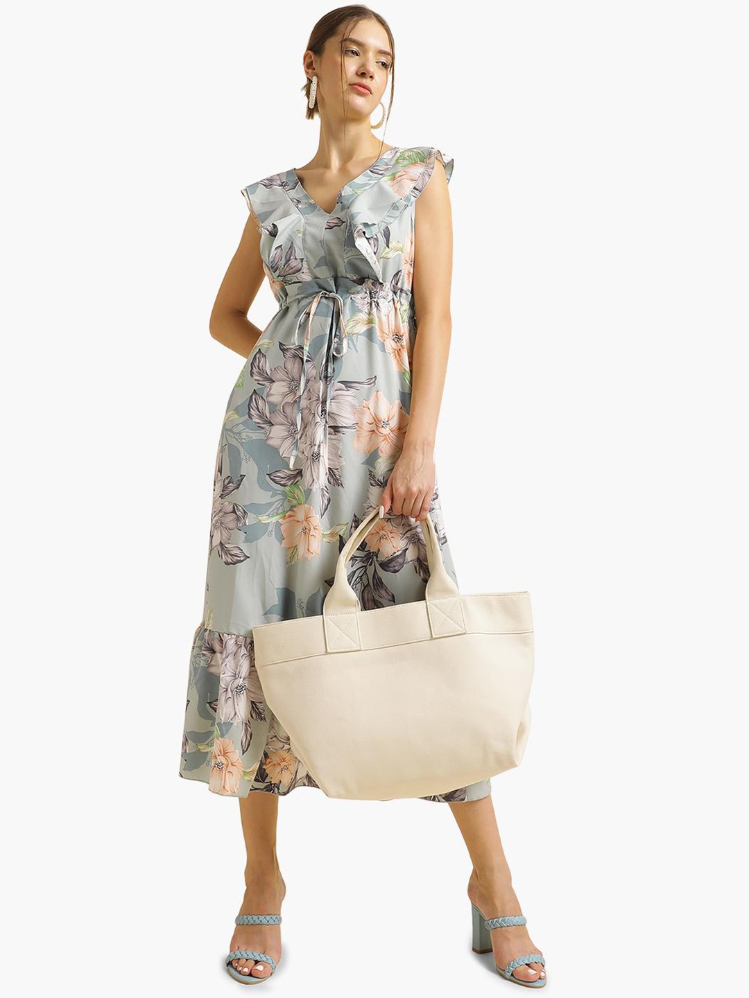 

Virgio Floral Printed Tie Ups A-Line Midi Dress, Green