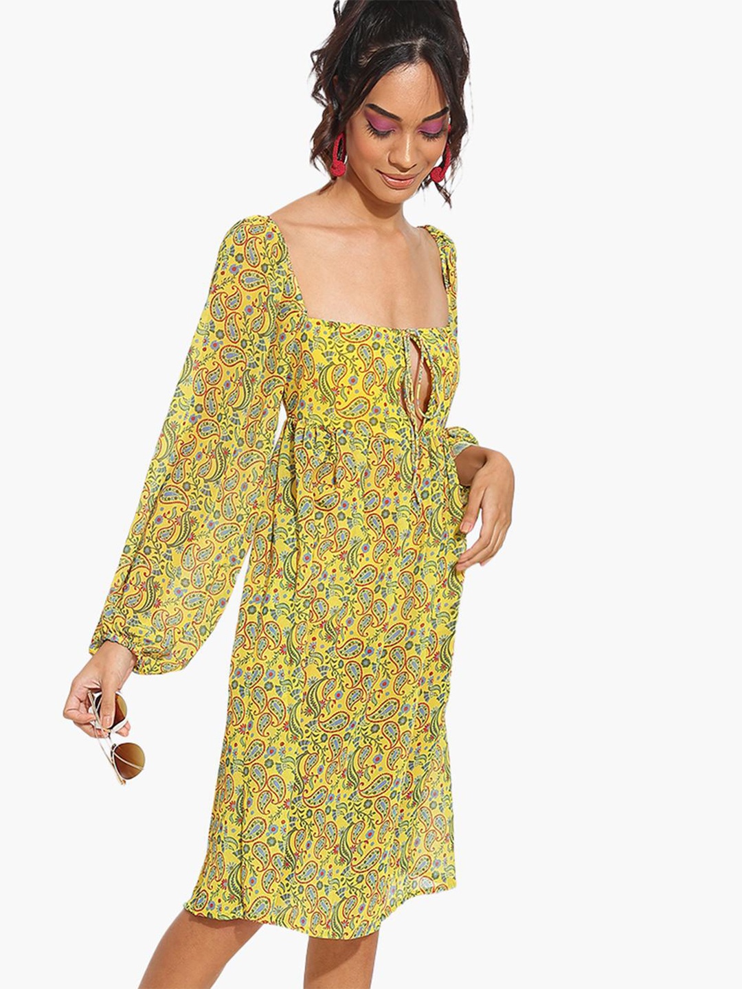

Virgio Floral Printed Puff Sleeves Tie Ups detailed A-Line Dress, Yellow