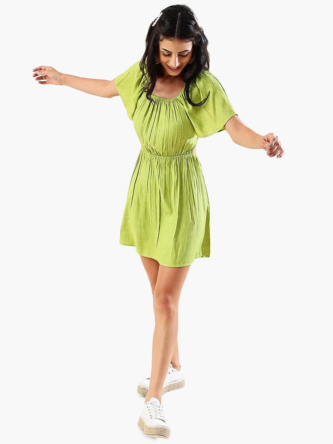 

Virgio Gathered Tie-Up Flared Sleeve Fit & Flare Dress, Green