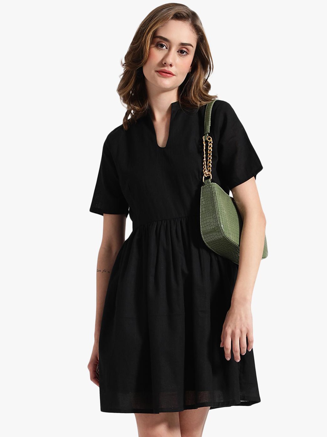 

Virgio Mandarin Collar Gathered Cotton Fit & Flare Dress, Black