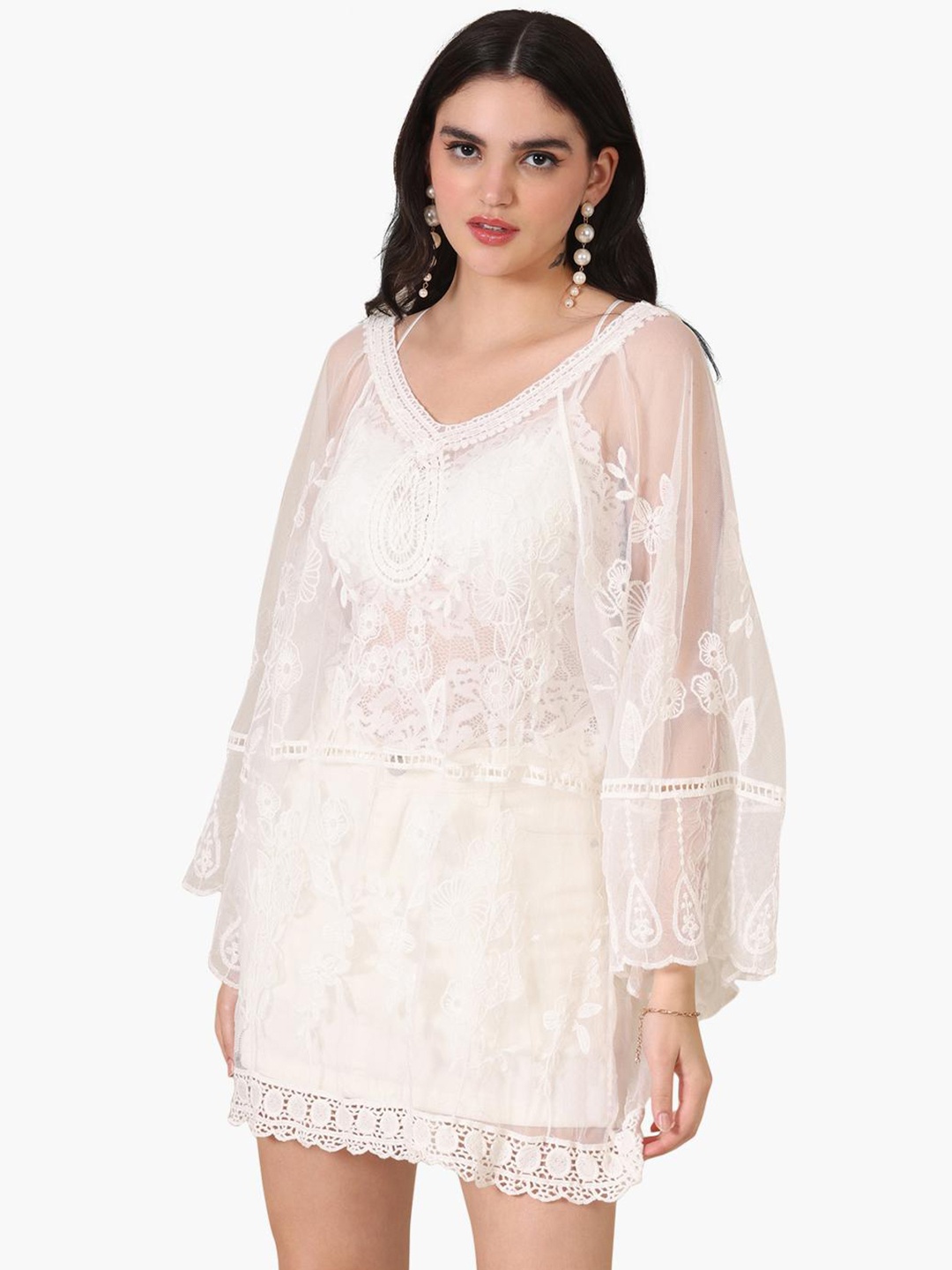 

Virgio Self Design V-Neck Flared Sleeves A-Line Mini Dress, White