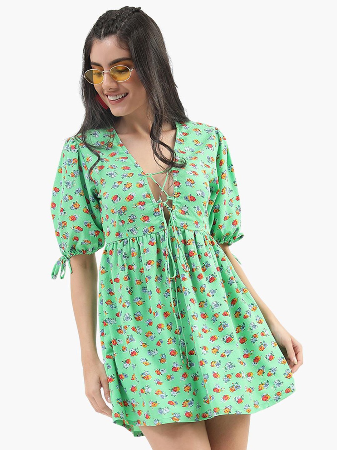 

Virgio Floral Printed V-Neck Tie Up A-Line Dress, Green
