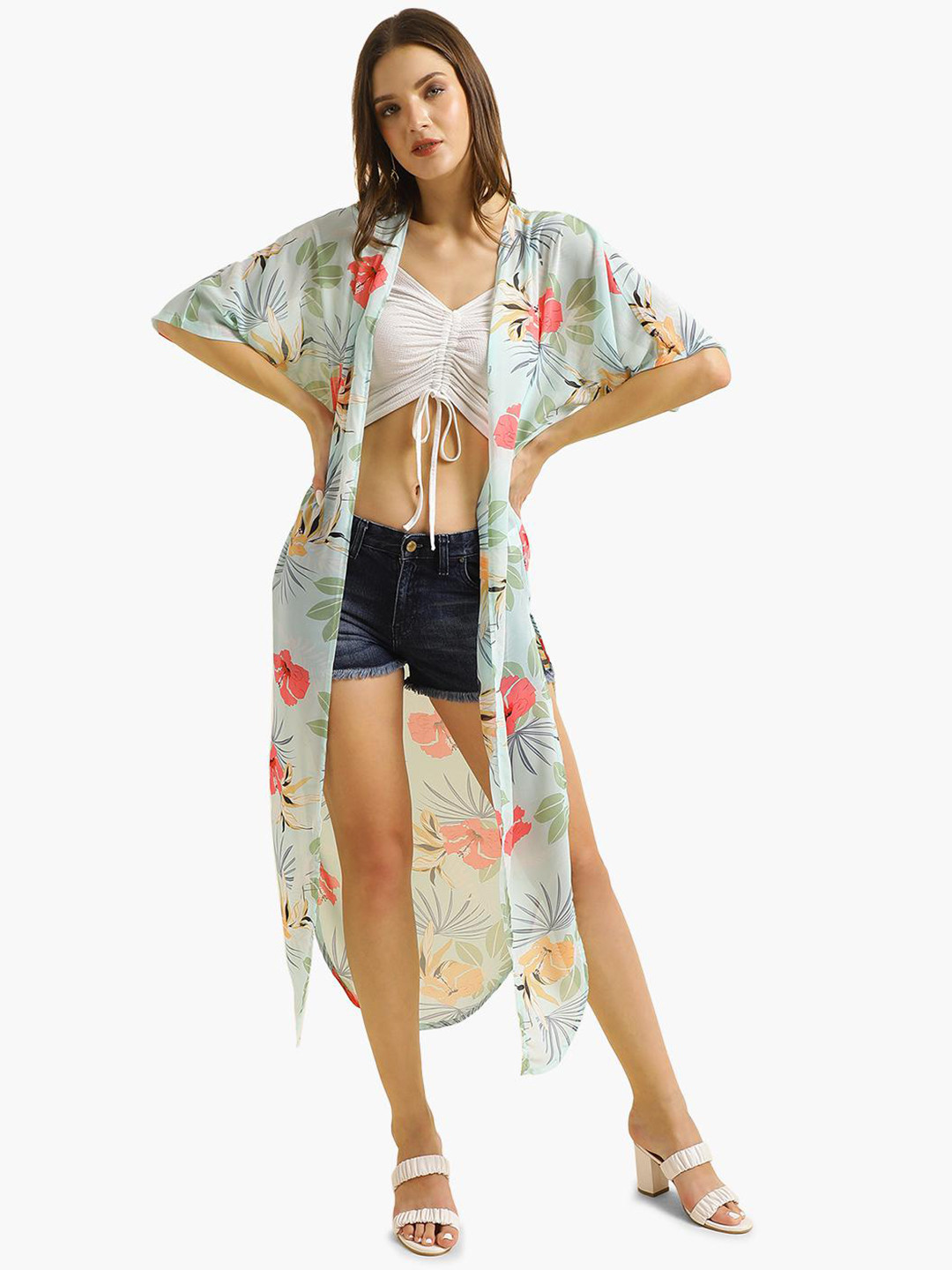 

Virgio Floral Printed Open Front Longline Shrug, Green