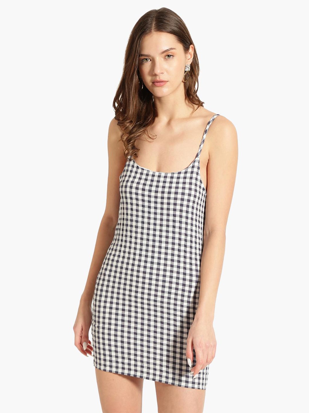 

Virgio Checked Shoulder Strap Bodycon Mini Dress, Black