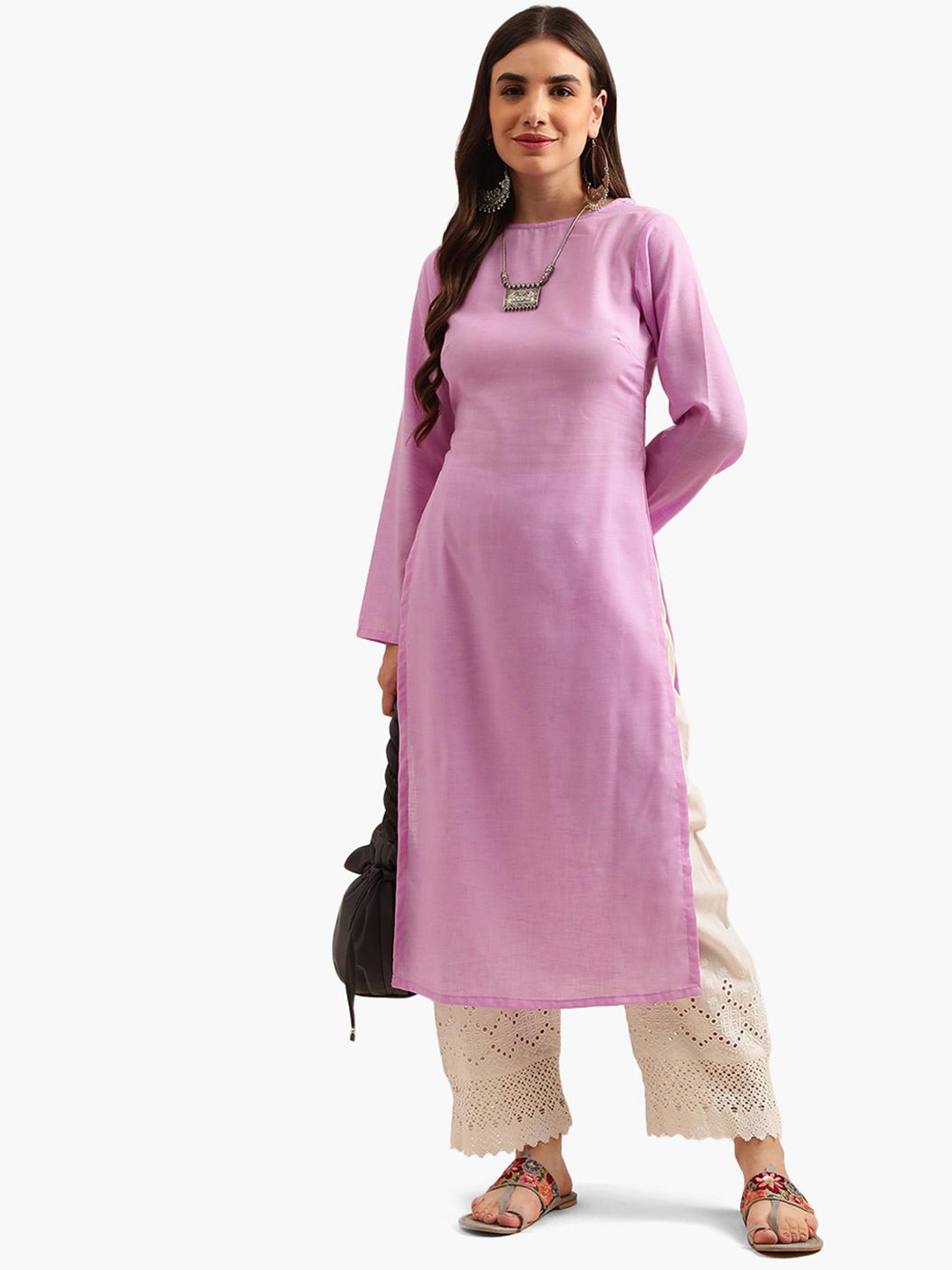 

Virgio Boat Neck High Slit Straight Kurta, Purple