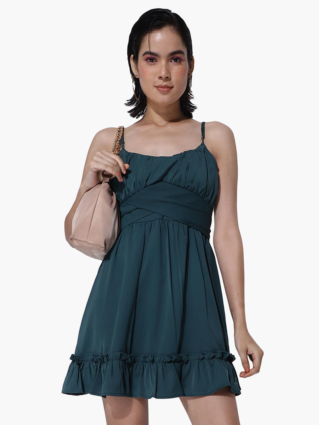 

Virgio Shoulder Strap Tie-Up Flounce Hem A-Line Dress, Green