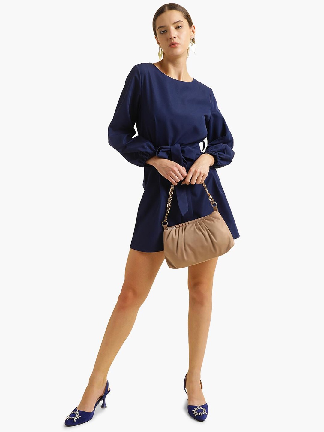 

Virgio Round Neck Puff Sleeve Tie-Ups A-Line Mini Dress, Navy blue