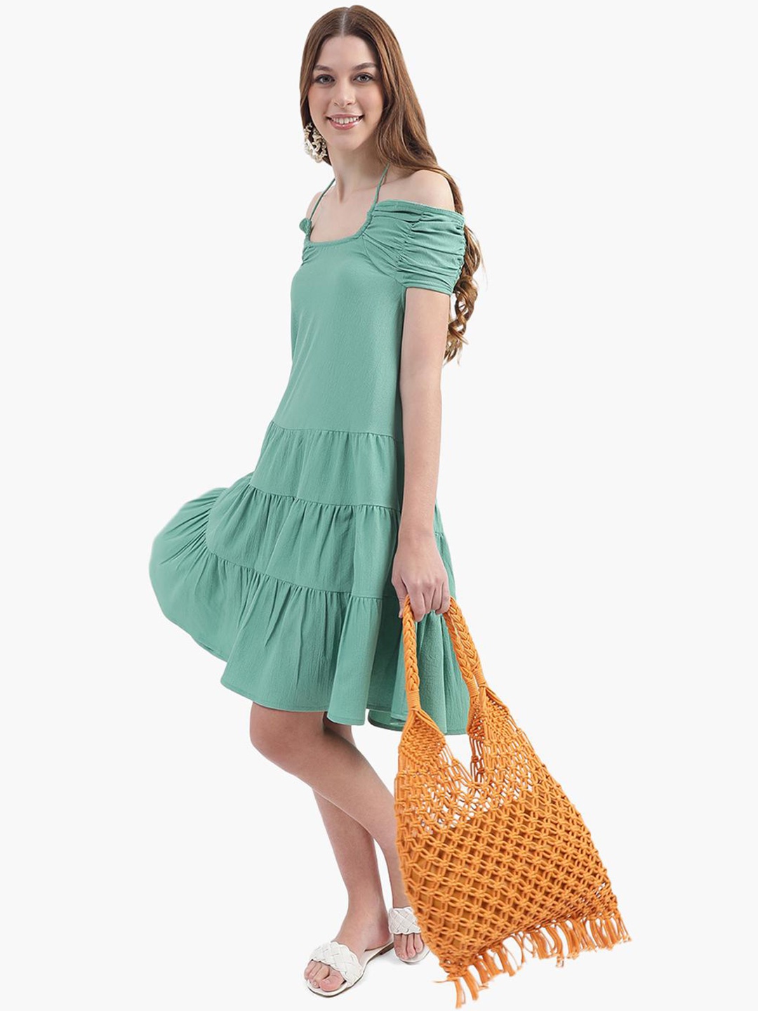 

Virgio Tiered Ruched Halter Neck A-Line Dress, Green