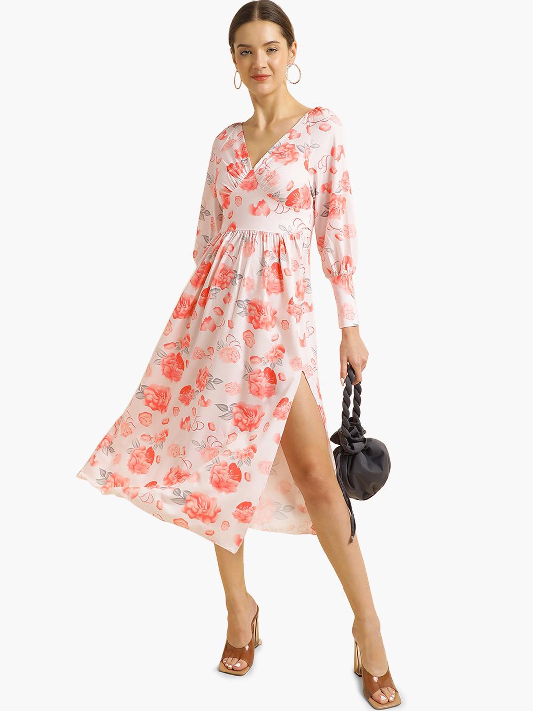 

Virgio Floral Printed V-Neck Cuffed Sleeve Gathered Empire Dress, White