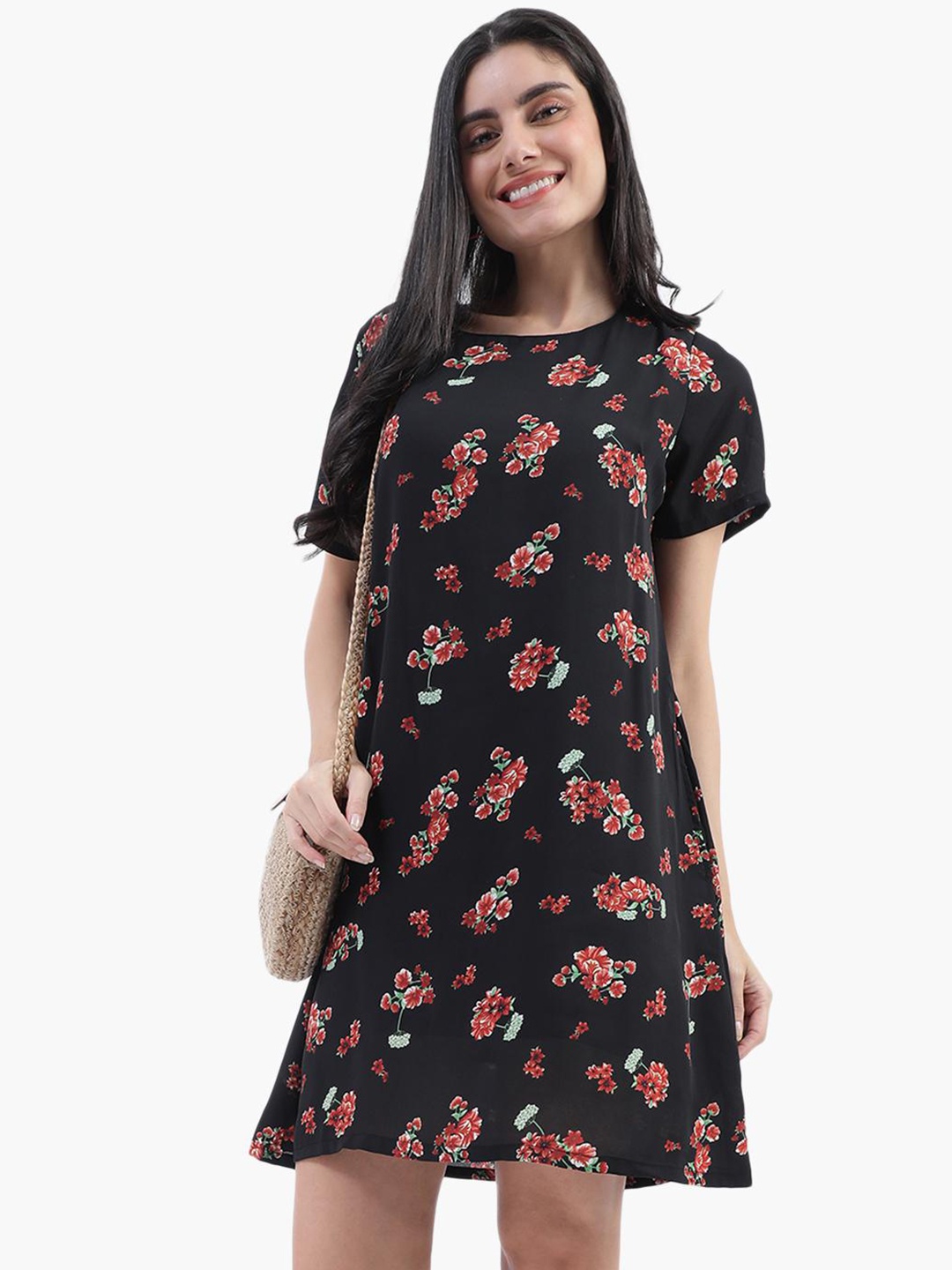 

Virgio Floral Printed Round Neck A-Line Dress, Black