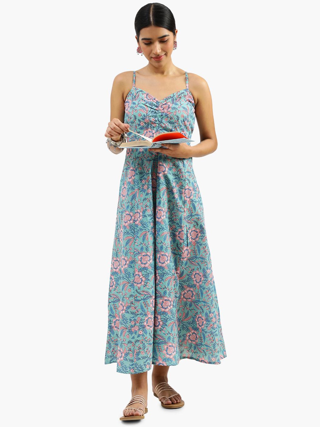 

Virgio Floral Printed Shoulder Strap Ruched Cotton A-Line Midi Dress, Green
