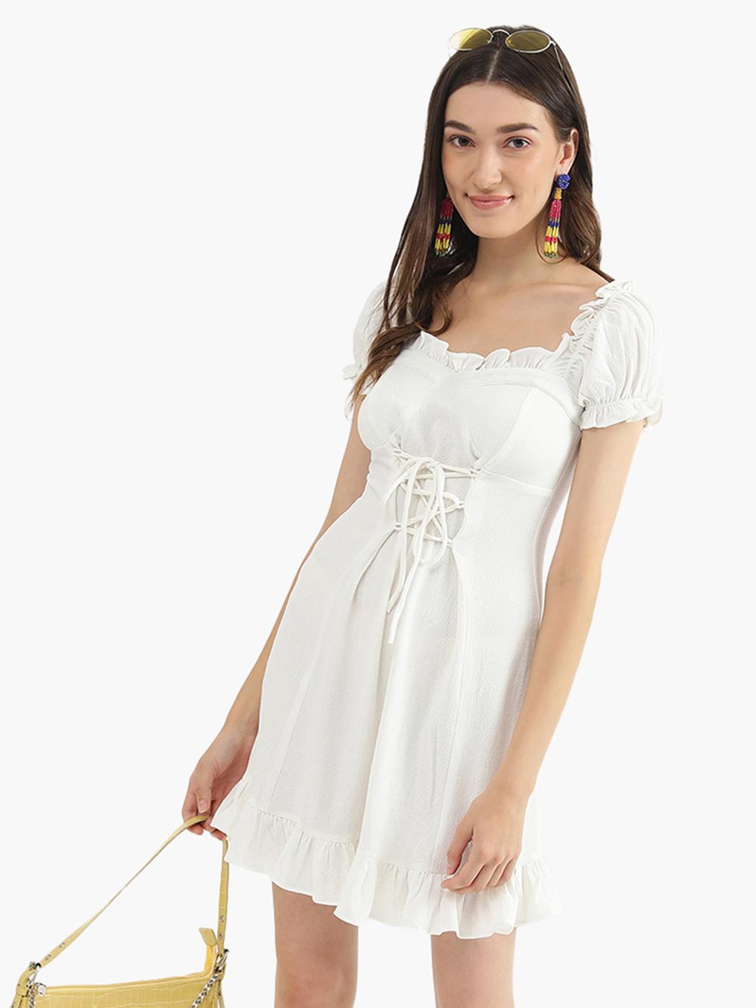 

Virgio Sweetheart Neck Puff Sleeve Tie-Up Fit & Flare Dress, White