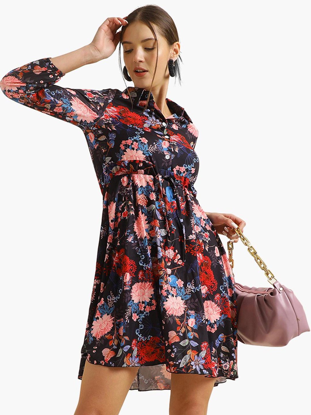 

Virgio Floral Printed Shirt Collar Tie Up A-Line Dress, Black