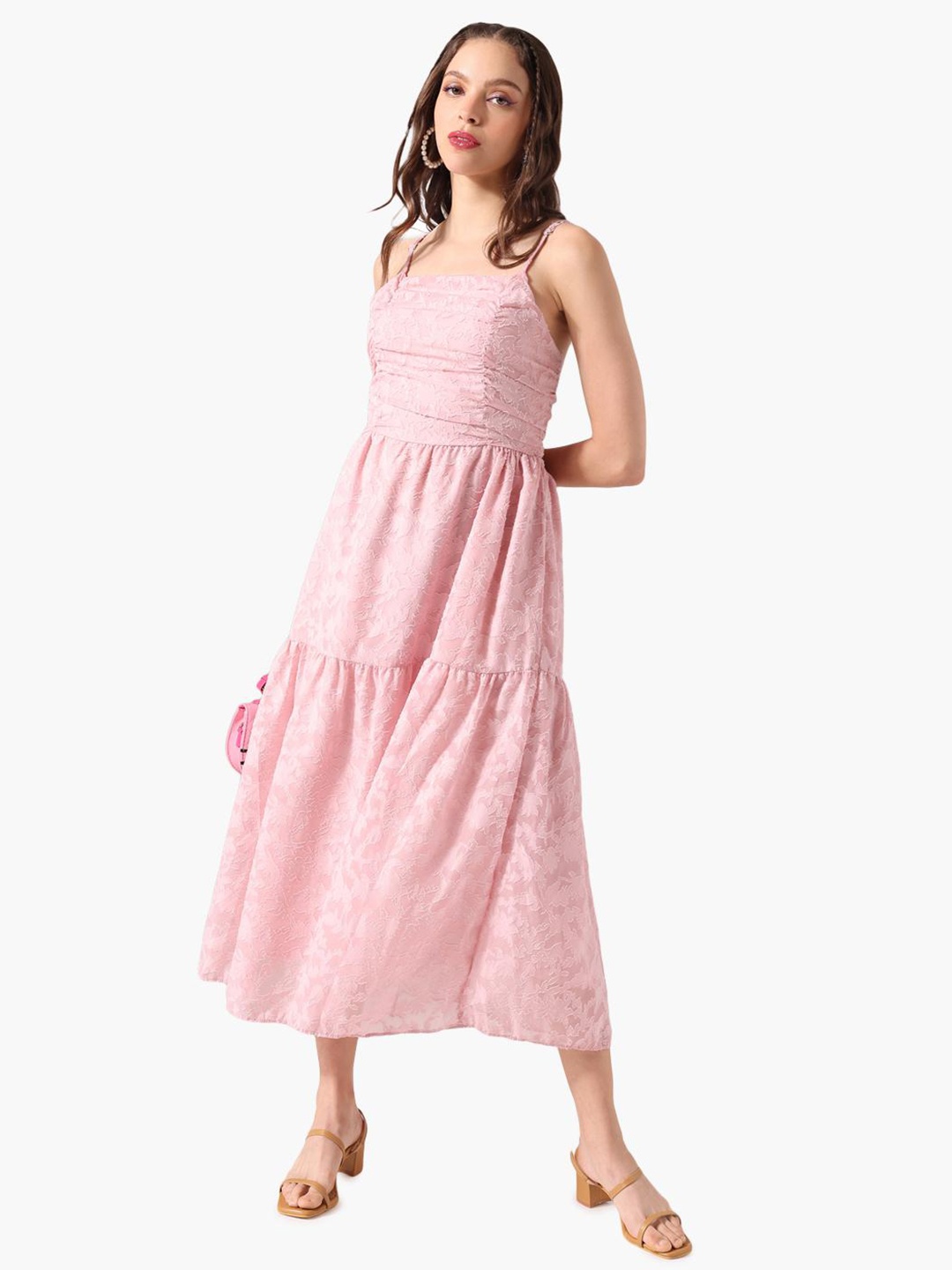 

Virgio Shoulder Straps Sleeveless Gathered Fit & Flare Midi Dress, Pink