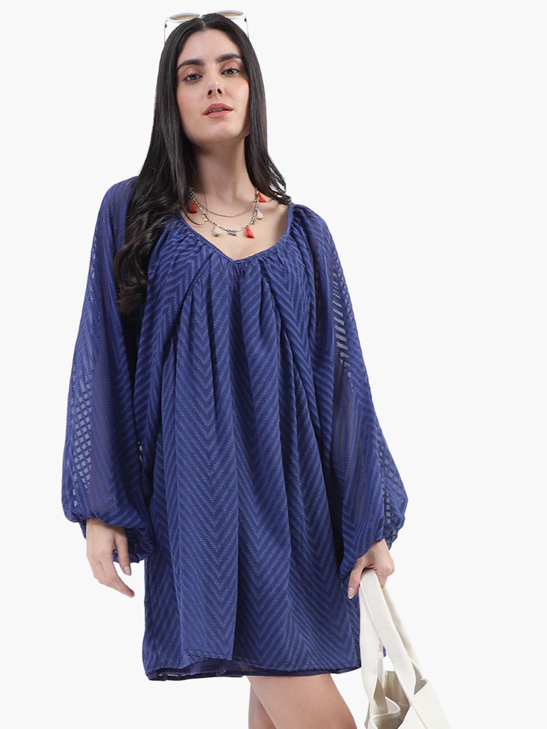 

Virgio Self Design V-Neck A-Line Dress, Blue