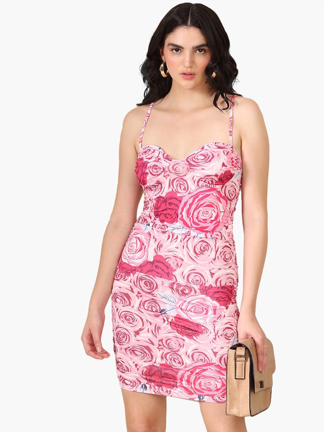 

Virgio Floral Printed Shoulder Strap Bodycon Dress, Pink