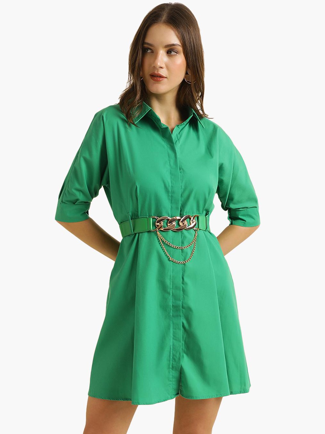 

Virgio Shirt Collar Cuffed Sleeves Shirt Style Mini Dress, Green