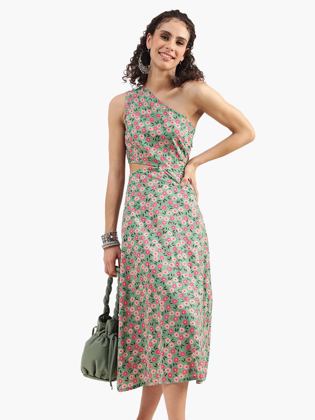 

Virgio Floral Printed Cut-Out One Shoulder A-Line Dress, Green