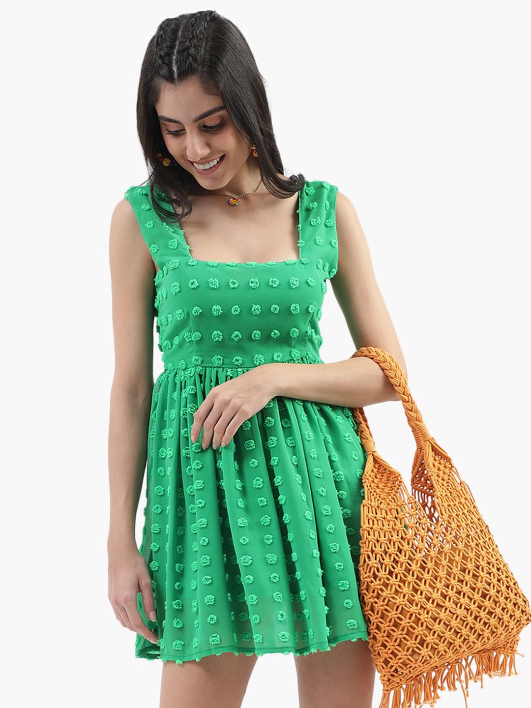 

Virgio Self Design Square Neck Shoulder Straps Gathered Dobby Fit & Flare Dress, Green