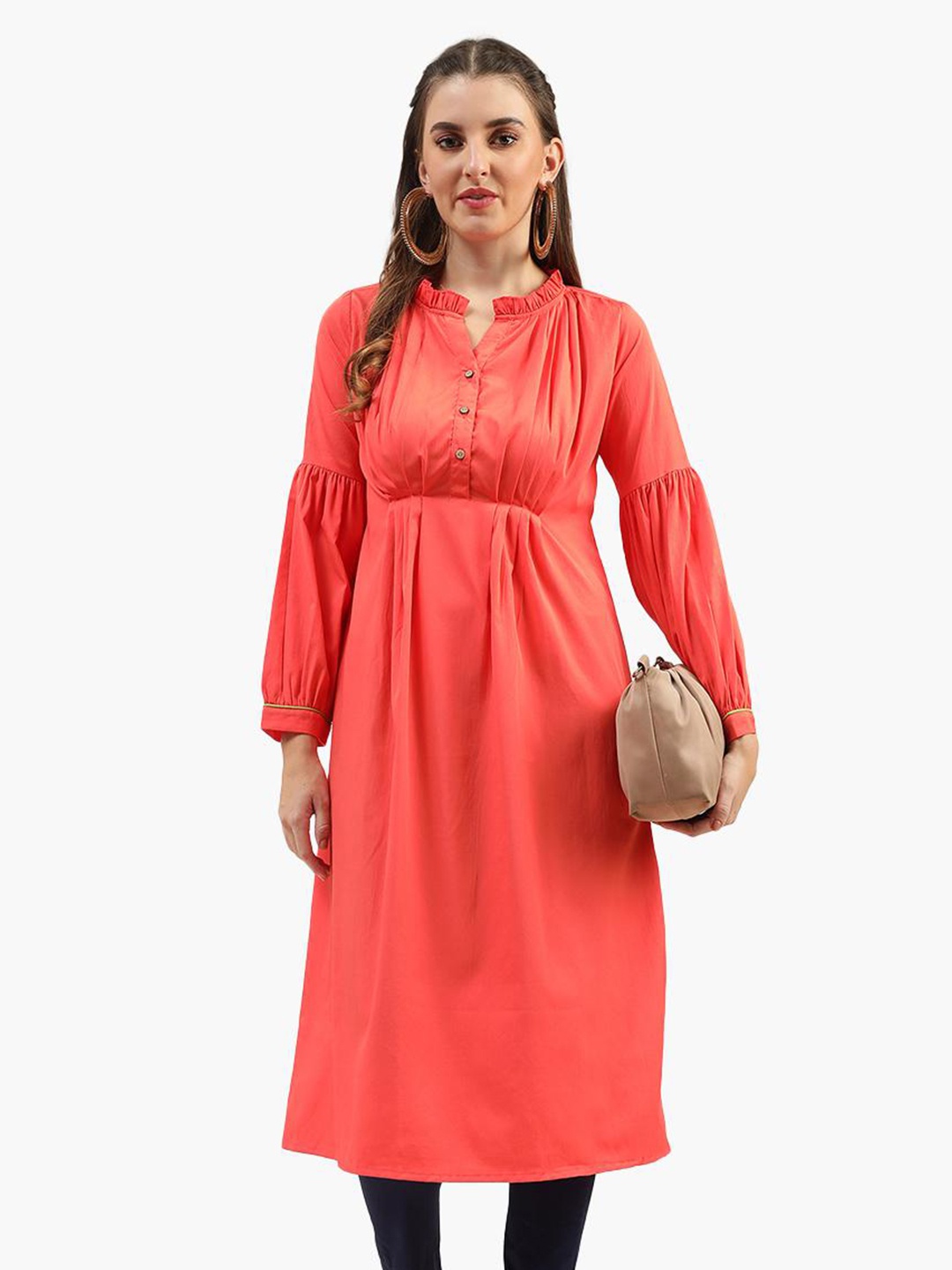 

Virgio Mand Mandarin Collar Puff Sleeves A-Line Kurta, Orange
