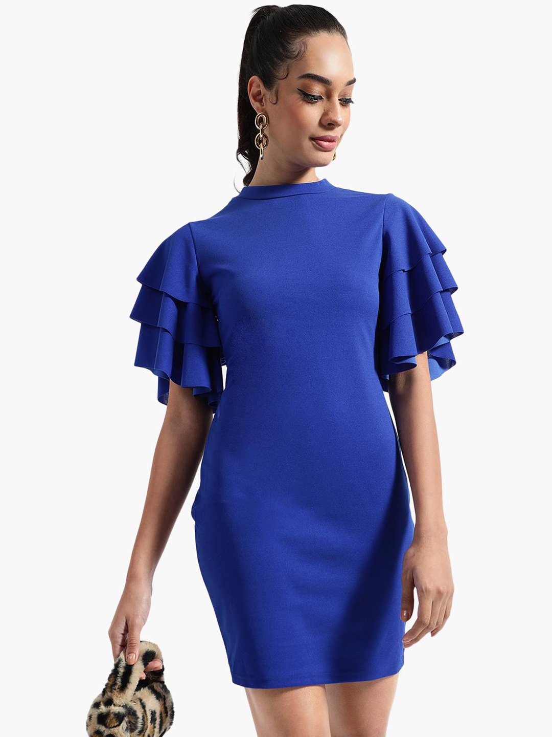 

Virgio High Neck Flutter Sleeves A-Line Dress, Blue