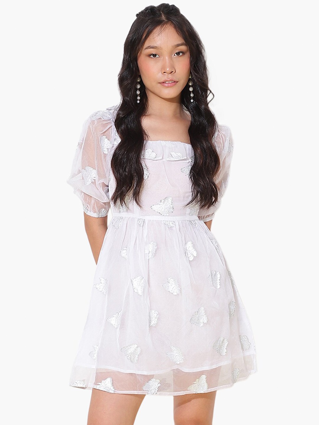 

Virgio Self Design Square Neck Puff Sleeves Ruffles Detail A-Line Dress, White