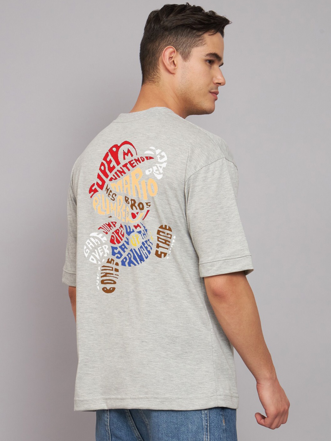

Imsa Moda Typography Printed Round Neck Drop-Shoulder Sleeves Cotton Oversized T-shirt, Grey