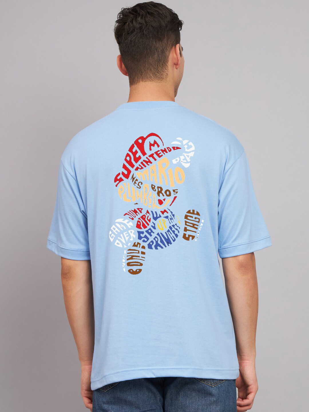 

Imsa Moda Typography Printed Round Neck Drop-Shoulder Sleeves Cotton Oversized T-shirt, Blue
