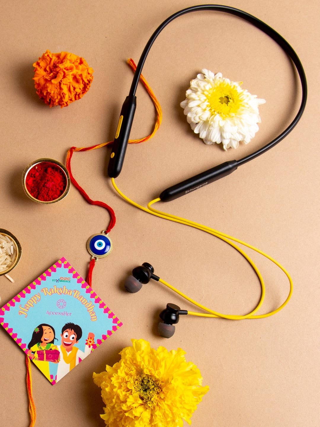 

AccessHer Women Set Of 4 Hungama Neckband with Rakhi Roli Chawal & Card, Blue