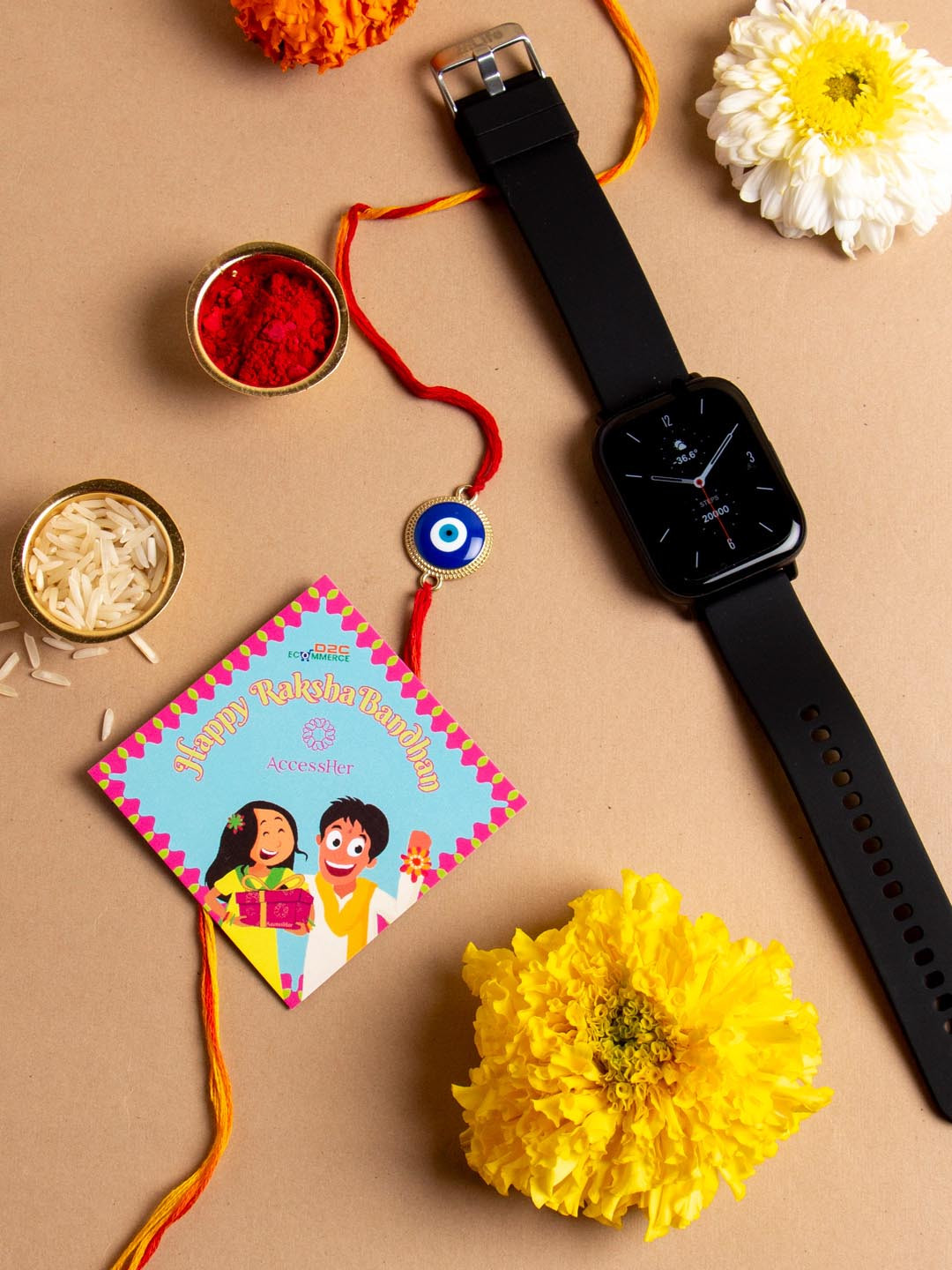 

Accessher Women Set Of 5 Rakhi & Hungama G1 Smartwatch & Rakshabandhan Card, Blue