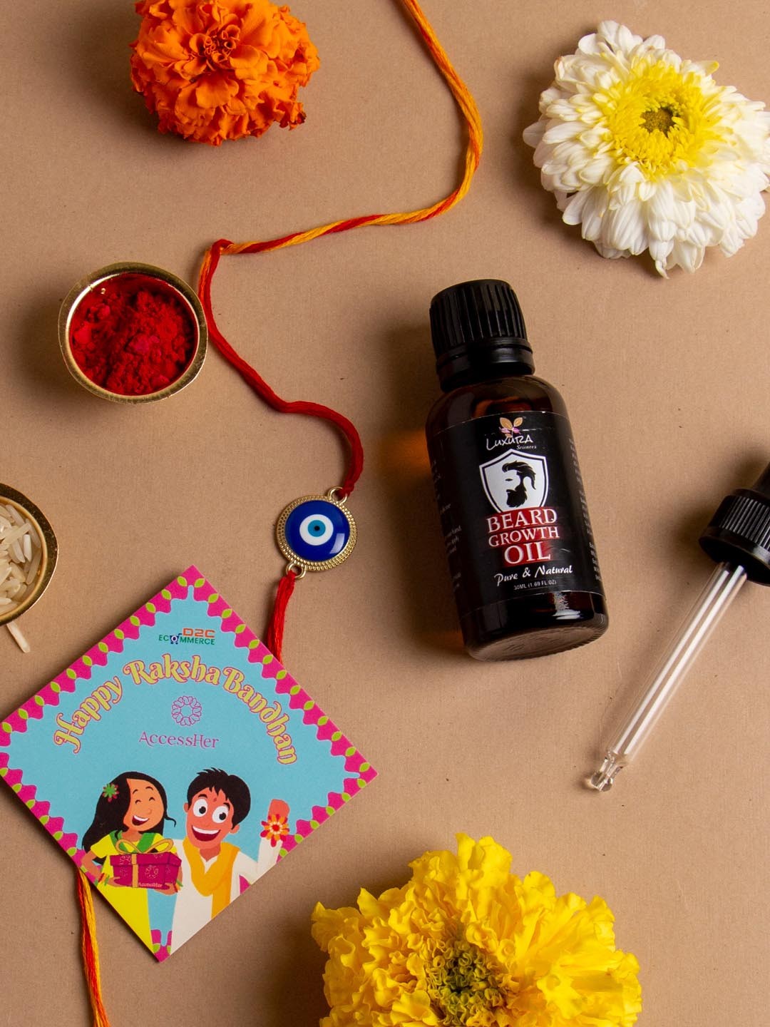 

AccessHer Women Set Of 4 Rakhi With Beard Oil & Roli Chawal With Card, Blue