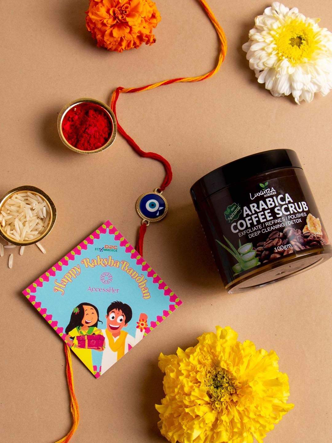 

Accessher Women Set Of 4 Rakhi & Luxura Face Scrub with Roli Chawal & Rakshabandhan Card, Blue