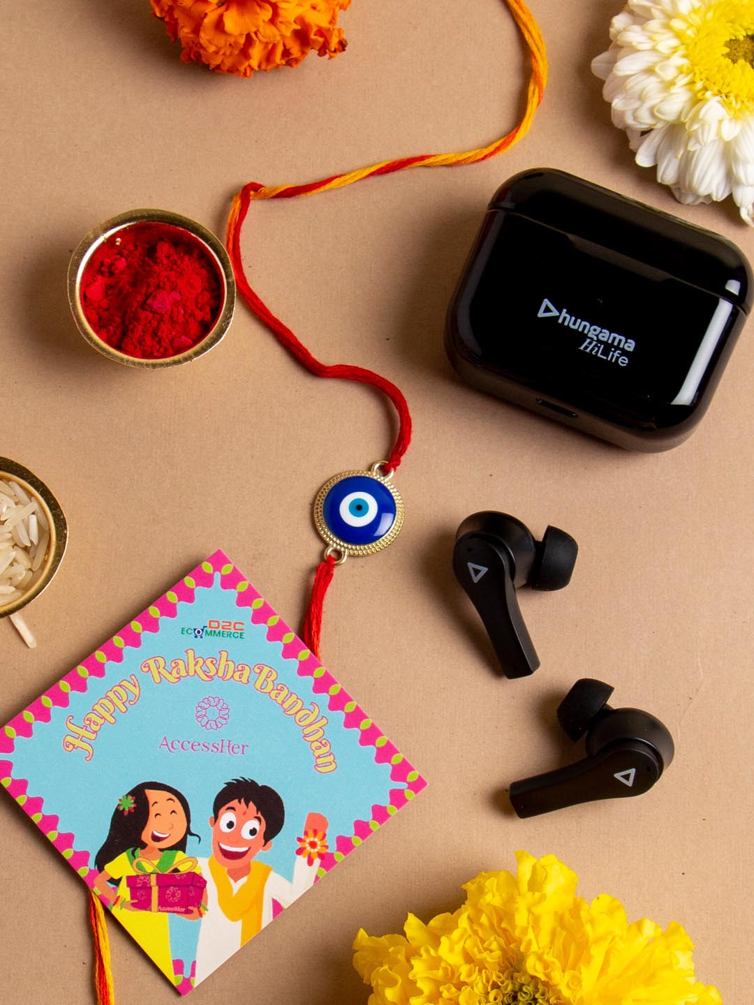 

AccessHer Set Of 3 Rakhi With Hungama Earbuds 101 with Roli Kumkum & Rakshabandhan Card, Red