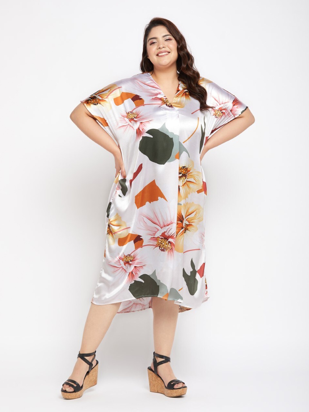 

Riara Floral Printed Satin A-Line Midi Dress, White