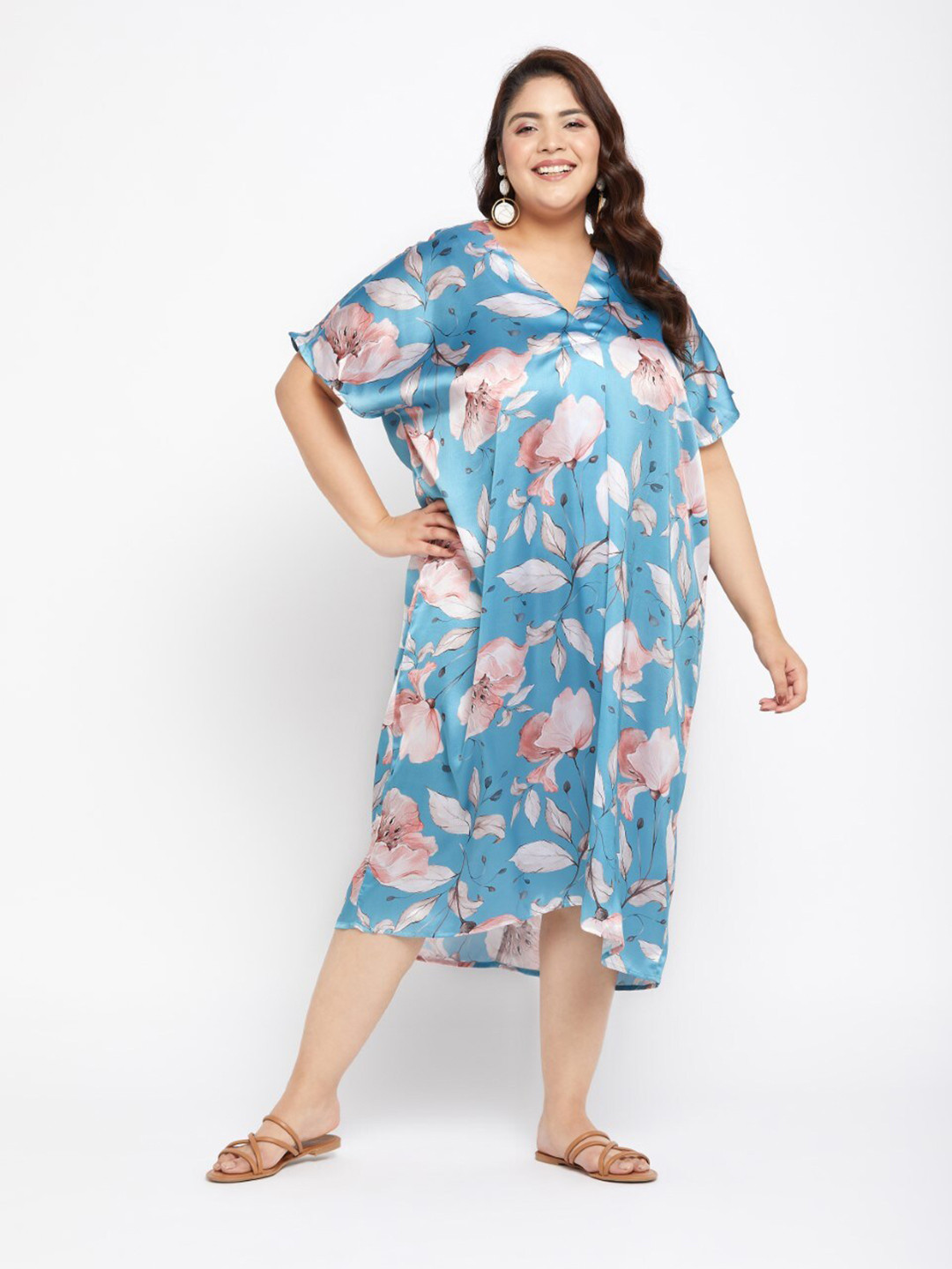 

Riara Floral Printed Satin A-Line Midi Dress, Blue
