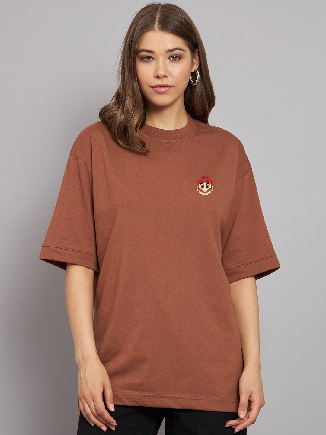 

Imsa Moda Super Mario Printed Drop-Shoulder Sleeves Oversized T-shirt, Coffee brown