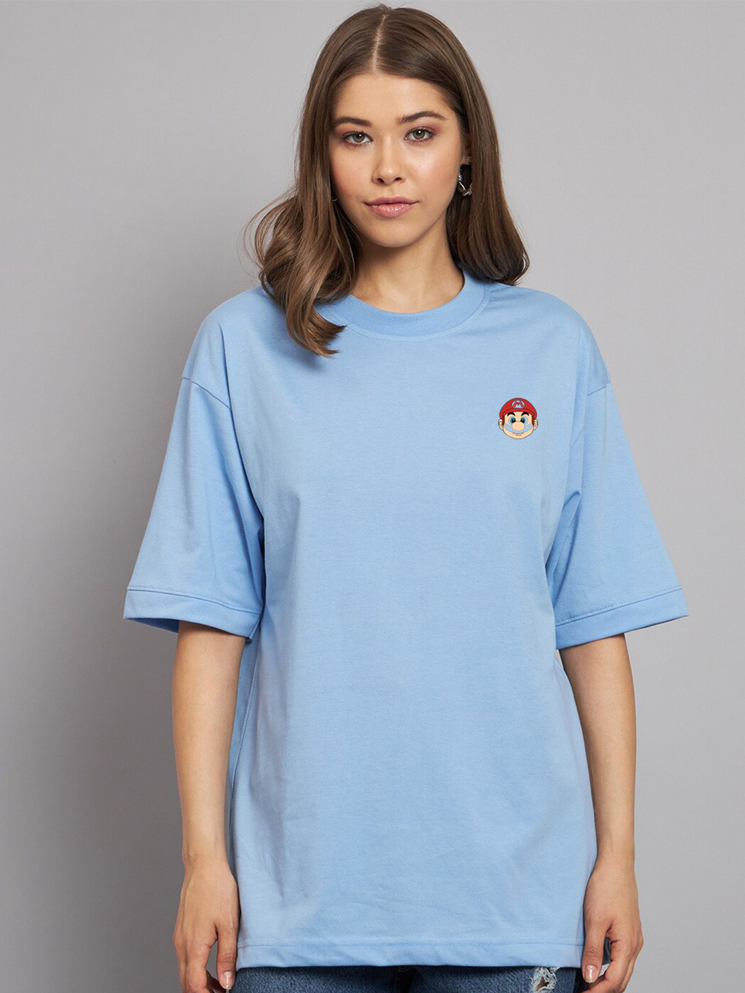 

Imsa Moda Round Neck Drop-Shoulder Cotton Oversized T-shirt, Blue