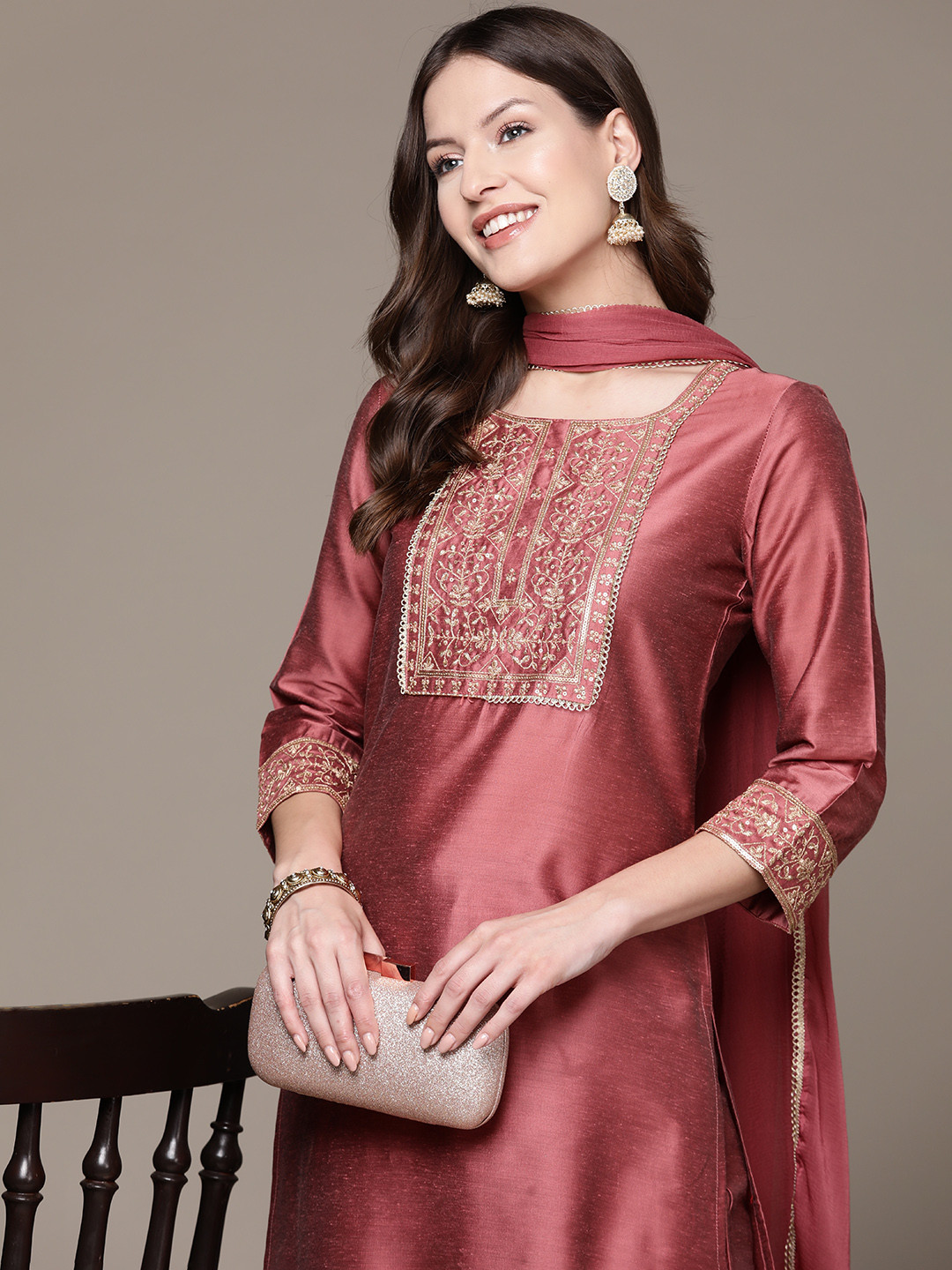 

Ishin Women Floral Yoke Design Regular Sequinned Kurta with Trousers & With Dupatta, Pink