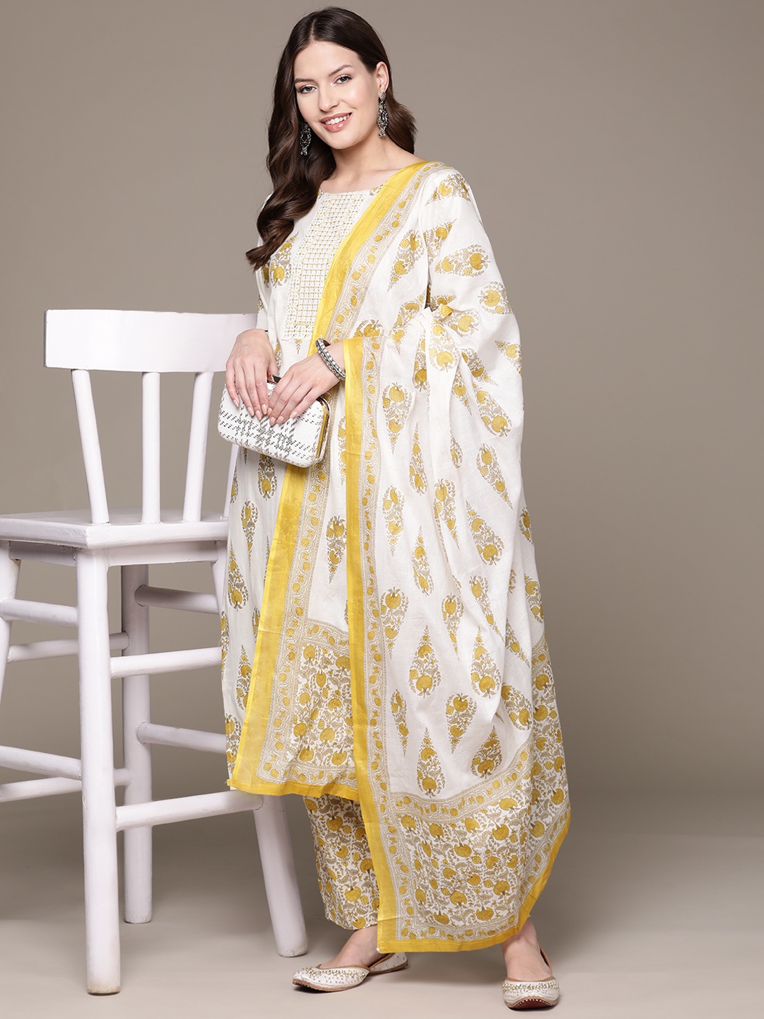 

Ishin Women Ethnic Motifs Printed Sequinned Pure Cotton Kurta with Trousers & Dupatta, White