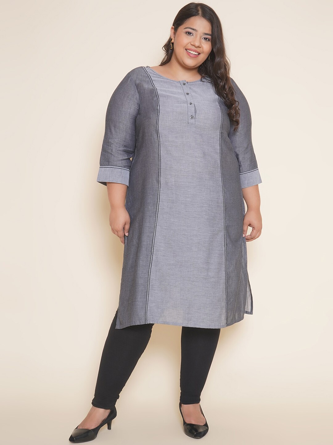 

Kiaahvi by JOHN PRIDE Plus Size Round Neck Pure Cotton Straight Kurta, Grey