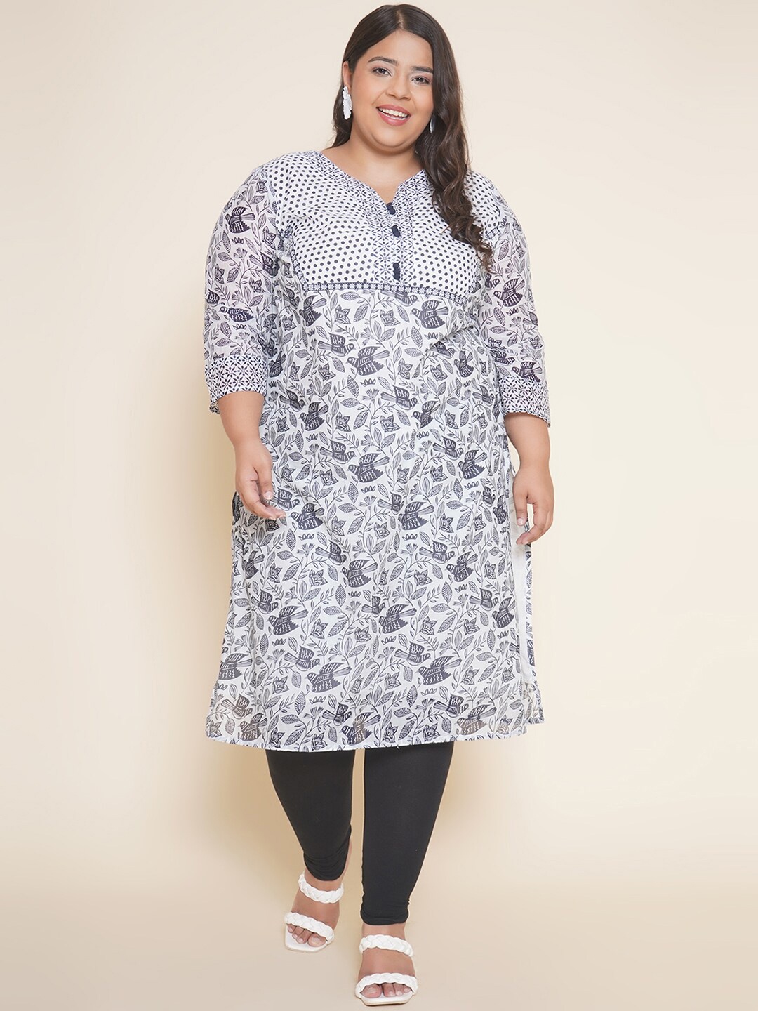 

Kiaahvi by JOHN PRIDE Plus Size Floral Printed Pure Cotton Straight Kurta, White