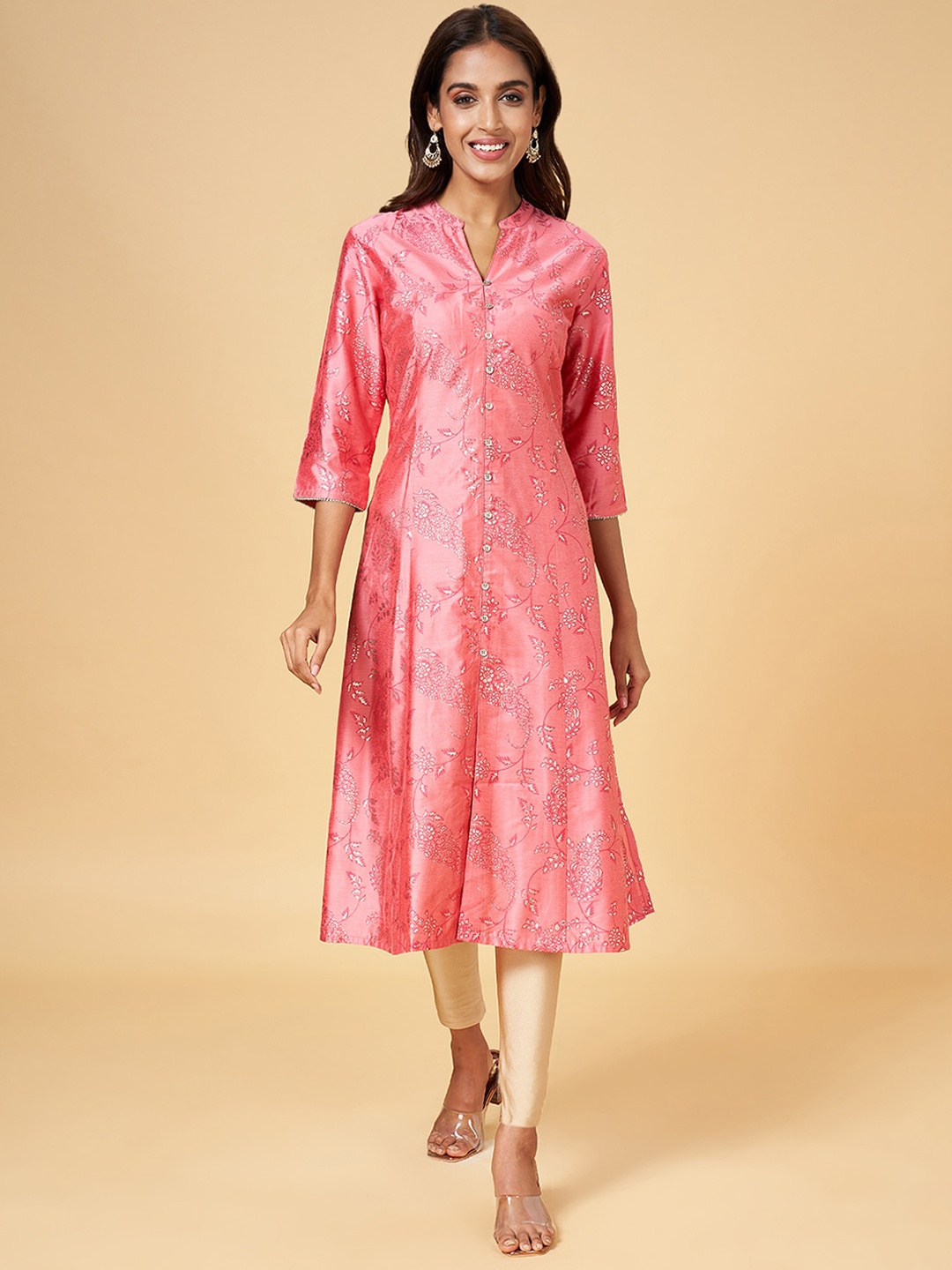 

RANGMANCH BY PANTALOONS Floral Printed Mandarin Collar Panelled A-Line Kurta, Coral