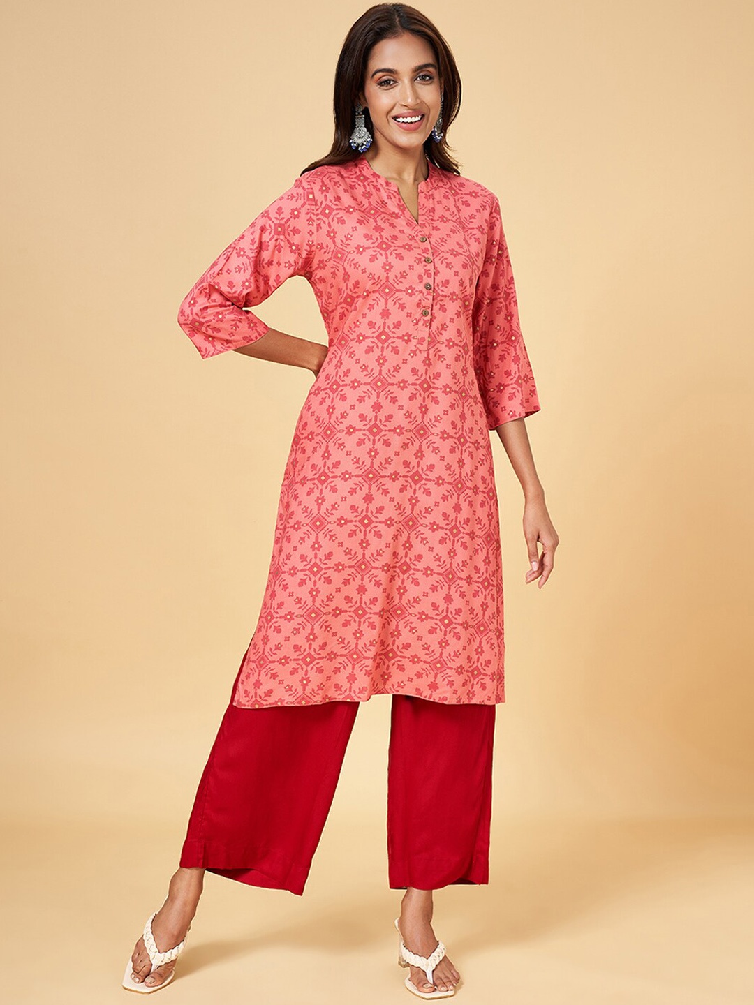 

RANGMANCH BY PANTALOONS Ethnic Motifs Printed Mandarin Collar Straight Kurta, Orange